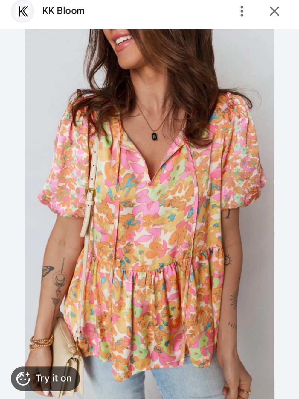 Floral Tie-Neck Peplum Blouse - Pink & Orange